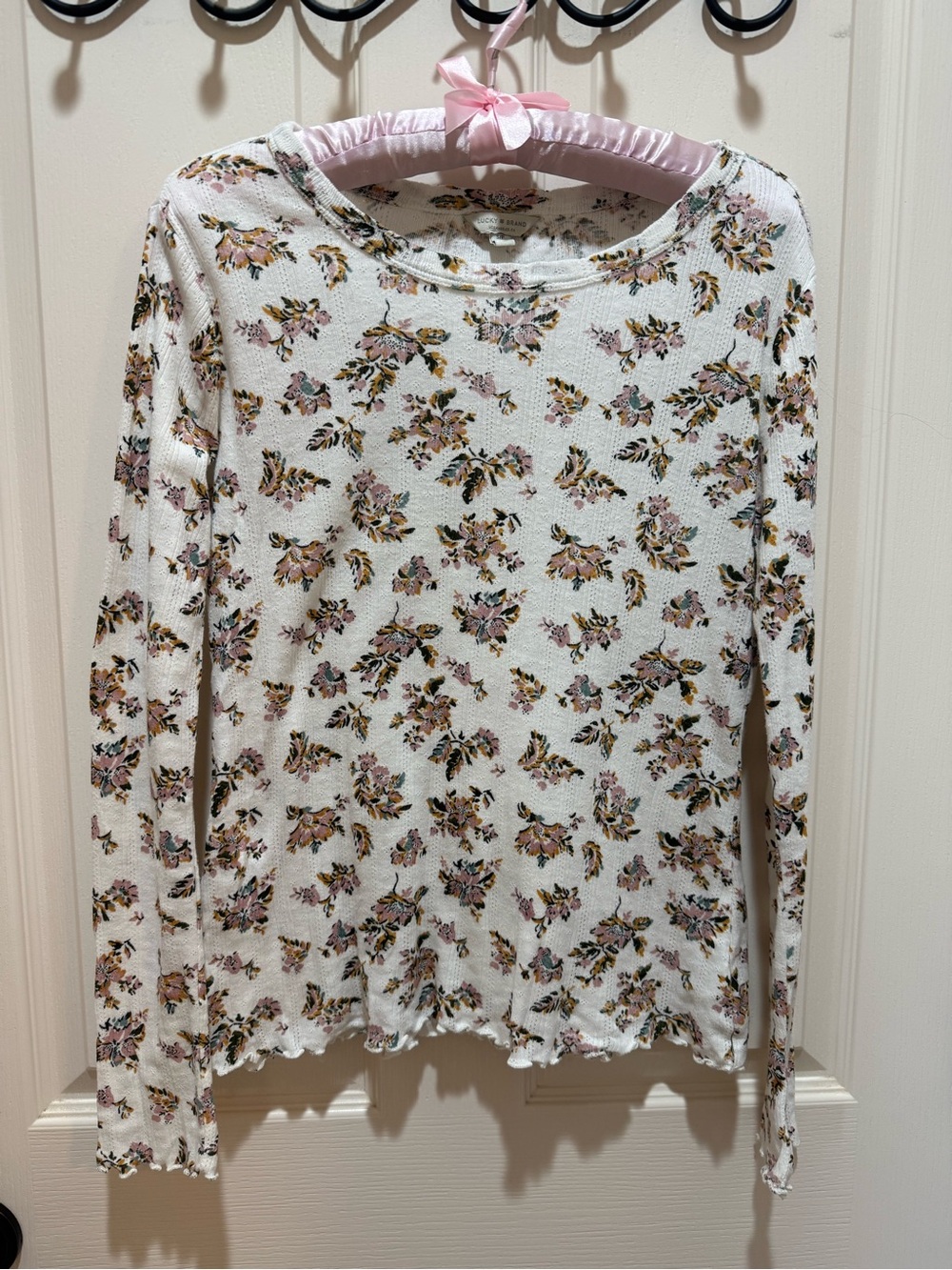 Women's Lucky Floral Long Sleeve Top - White with Pink & Brown Floral